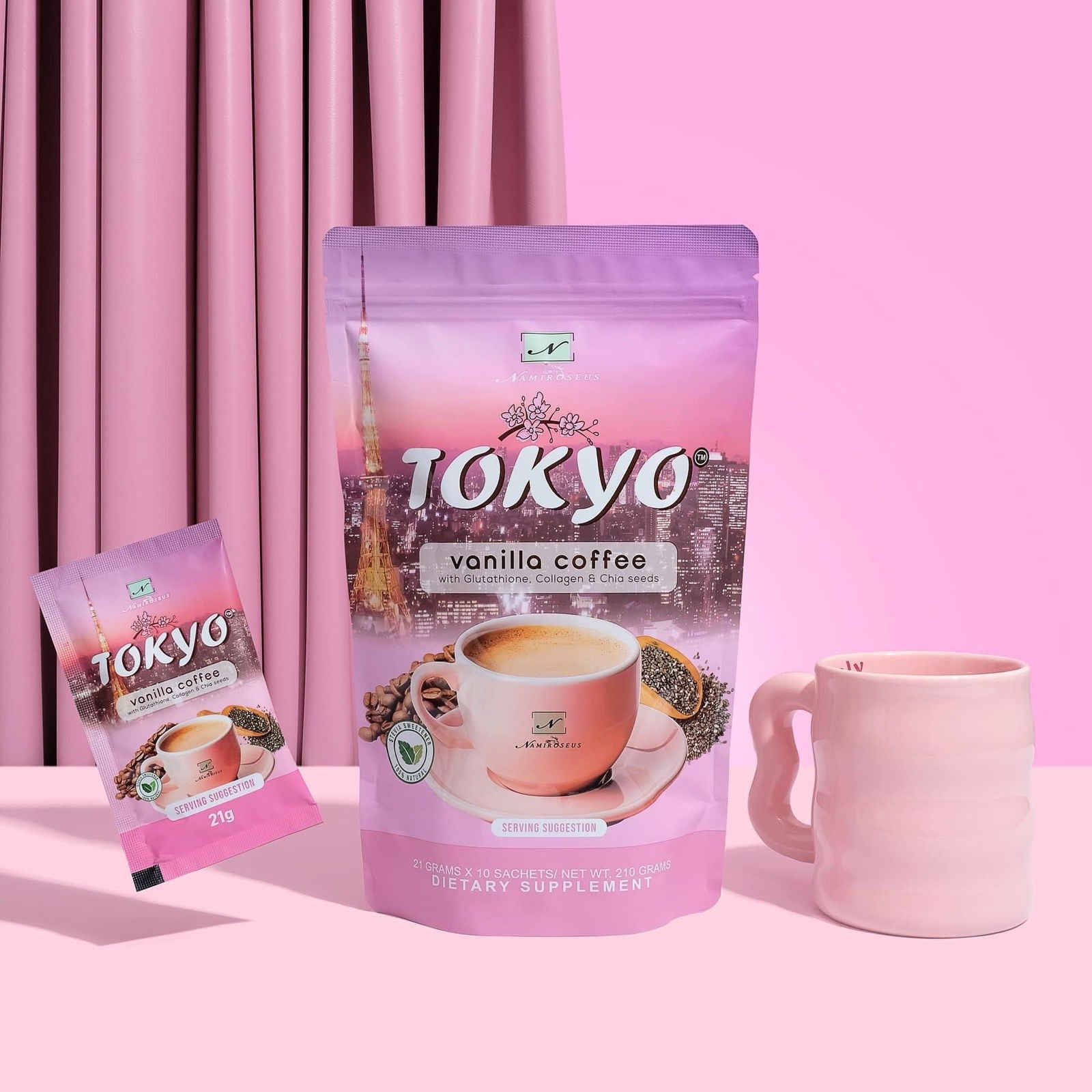 Namiroseus TOKYO Vanilla Coffee sachets, 21g each, 10-pack, featuring vanilla flavor in individual coffee sachets.