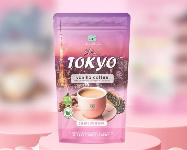 Namiroseus TOKYO Vanilla Coffee sachets, 21g each, featuring vanilla flavor and packaging of 10 single-serving coffee sachets.