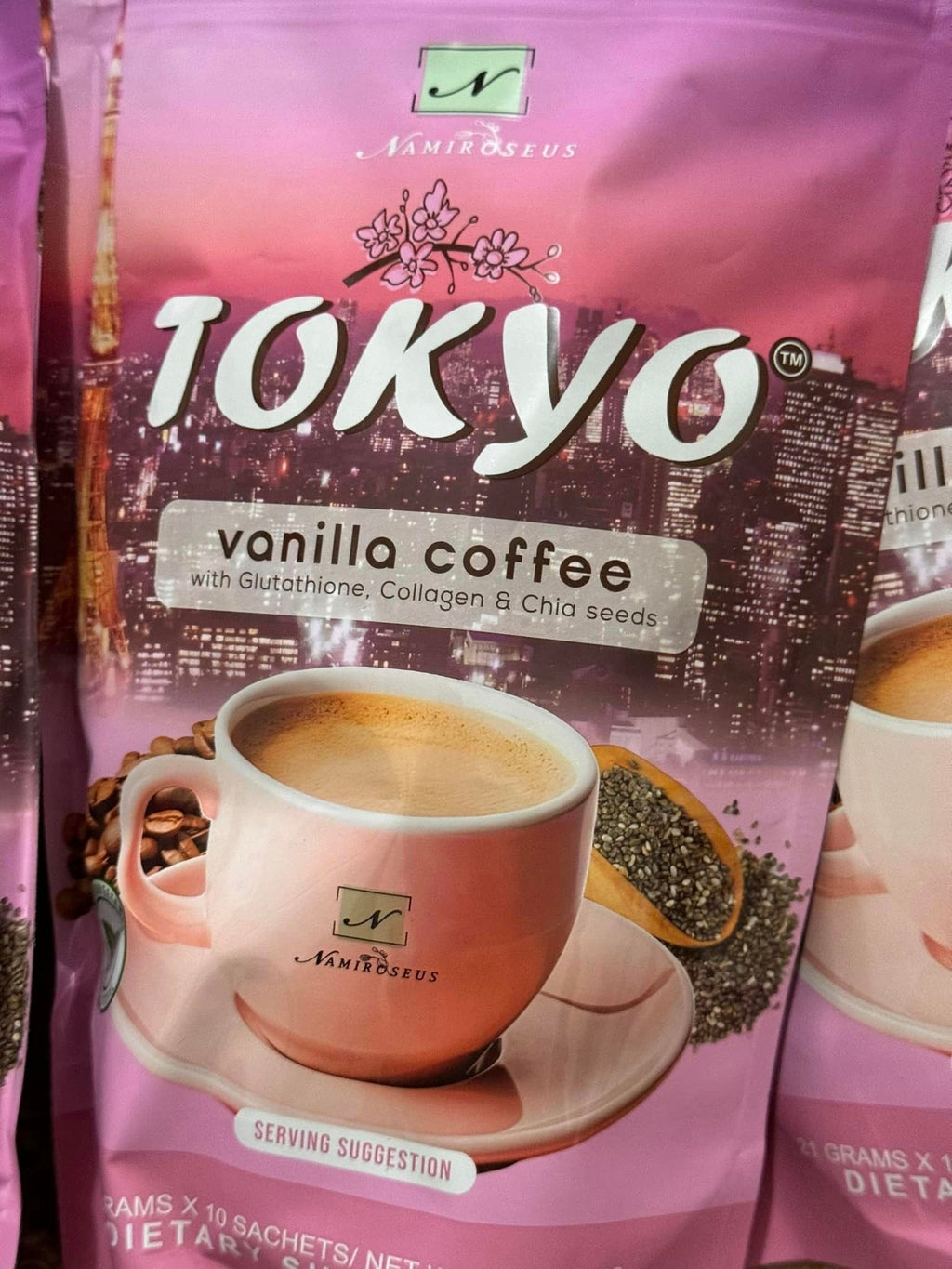 Namiroseus Tokyo Vanilla Coffee sachets, 21g each, 10-pack, premium coffee with vanilla flavor in a convenient bag.