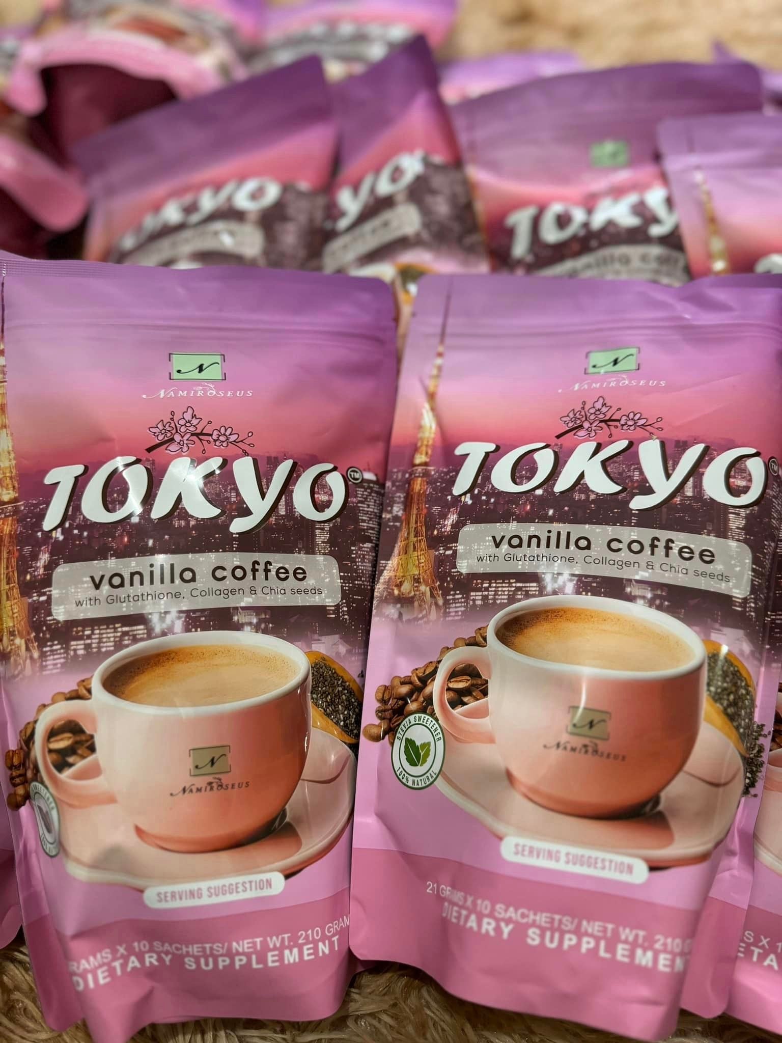 Namiroseus TOKYO Vanilla Coffee sachets, 21g each, in a bag, featuring vanilla flavor and coffee product packaging.
