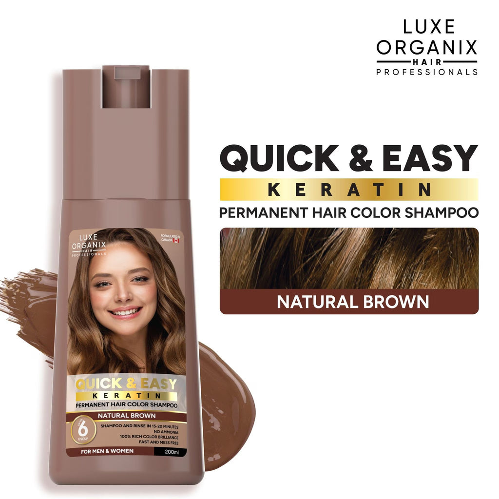 Luxe Organix hair color shampoo bottle with packaging design on a white background