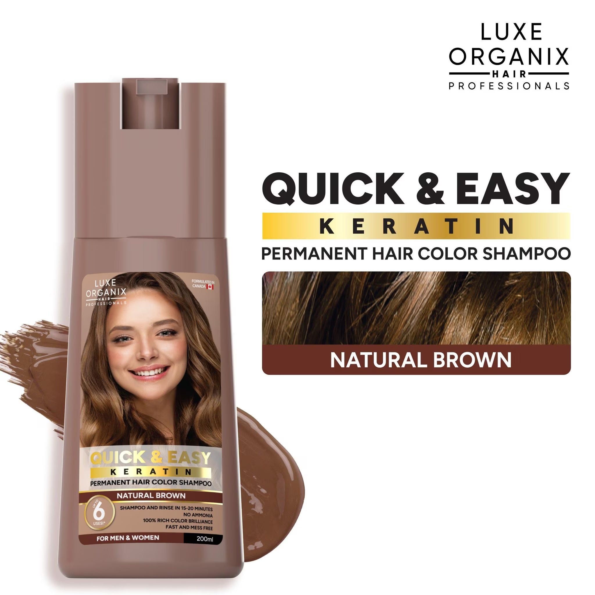 Luxe Organix hair color shampoo bottle with packaging design on a white background