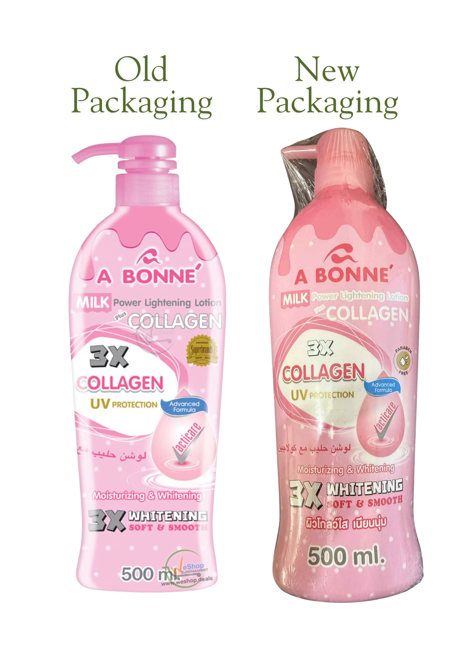 A Bonne Milk Body Lotion 500ml in old packaging, featuring a creamy white lotion bottle with a simple label and cap.