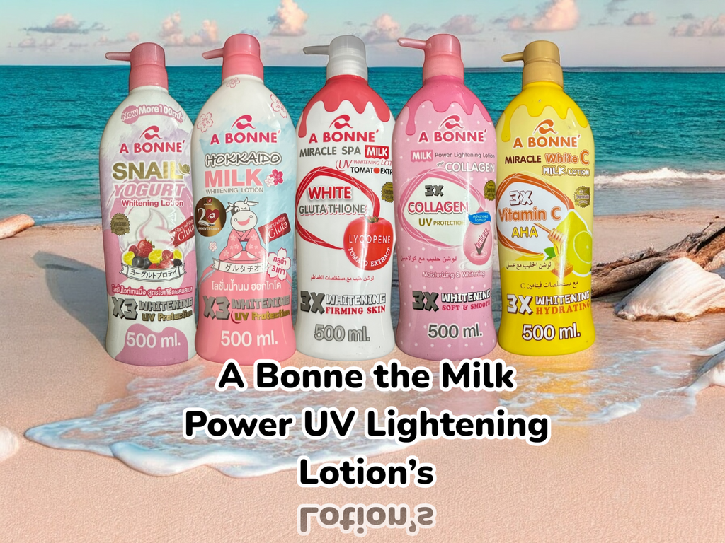 A bottle of A Bonne Milk Body Lotion 500ml with five variants, featuring the creamy lotion inside a clear plastic bottle.