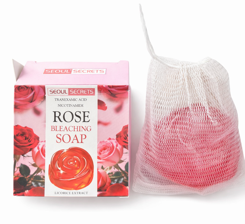 Rose-shaped Seoul Secrets Rose Soap bar with niacinamide and shea butter, 80g, displayed alongside its packaging.