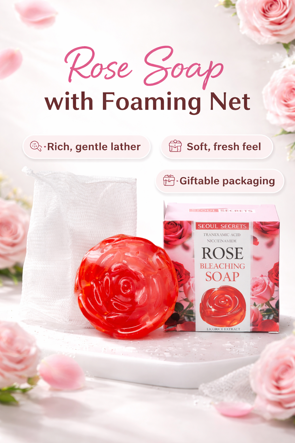 Rose-shaped Seoul Secrets Rose Soap with foaming net, featuring niacinamide and shea butter for gentle skincare.