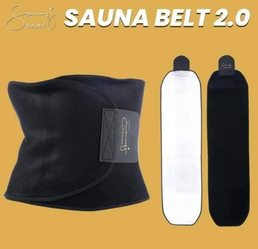 Black Sammy J sauna body shaper belt with adjustable compression for waist slimming and shaping.
