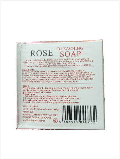 Seoul Secrets Rose Soap bar with niacinamide and shea butter, 80g, featuring a floral rose scent and moisturizing ingredients.