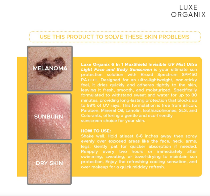 Luxe Organix Sunscreen Range SPF50+–150+ | Face, Body & UV Mist