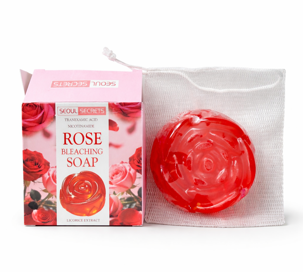 Seoul Secrets Rose Soap bar with niacinamide and shea butter displayed, featuring a pink rose design on the packaging.