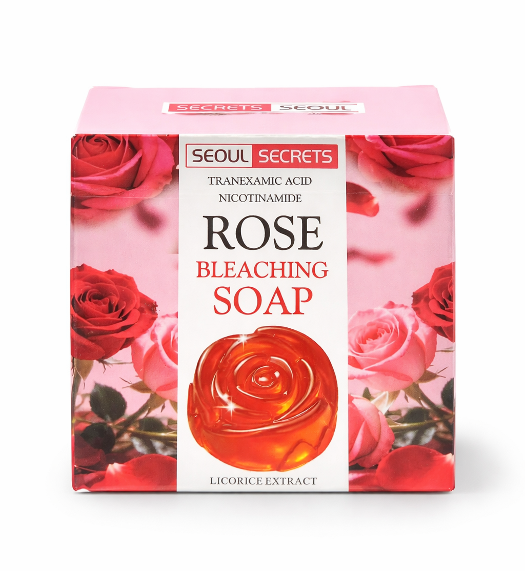 Seoul Secrets Rose Soap bar with niacinamide and shea butter, featuring a pink rose-themed packaging, weighing 80g.