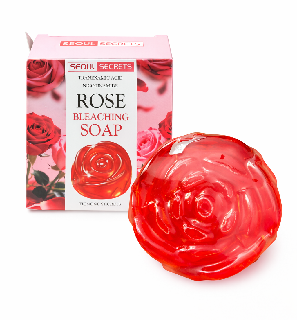 Seoul Secrets Rose Soap bar with niacinamide and shea butter, showing pink rose scent and creamy texture in a clean packaging.