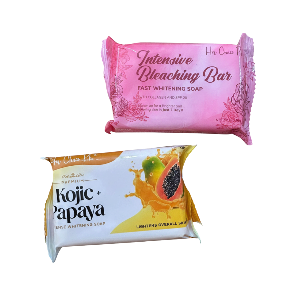 Her Choice PH intensive radiance bar soap and kojic papaya bar soap, 120g each, with colorful packaging and natural ingredients.