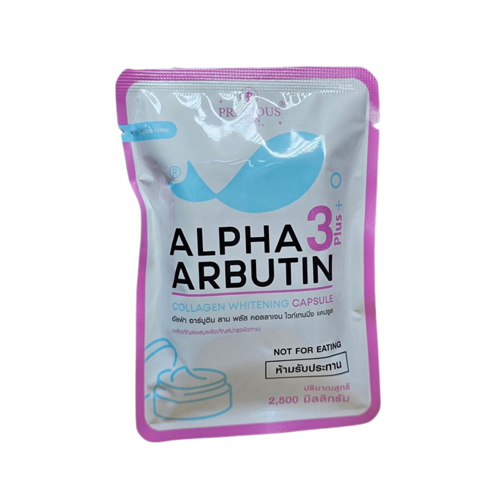 Precious Skin Alpha Arbutin Radiance Plus Powder or Serum for body care, featuring a sleek bottle with a pump and label.