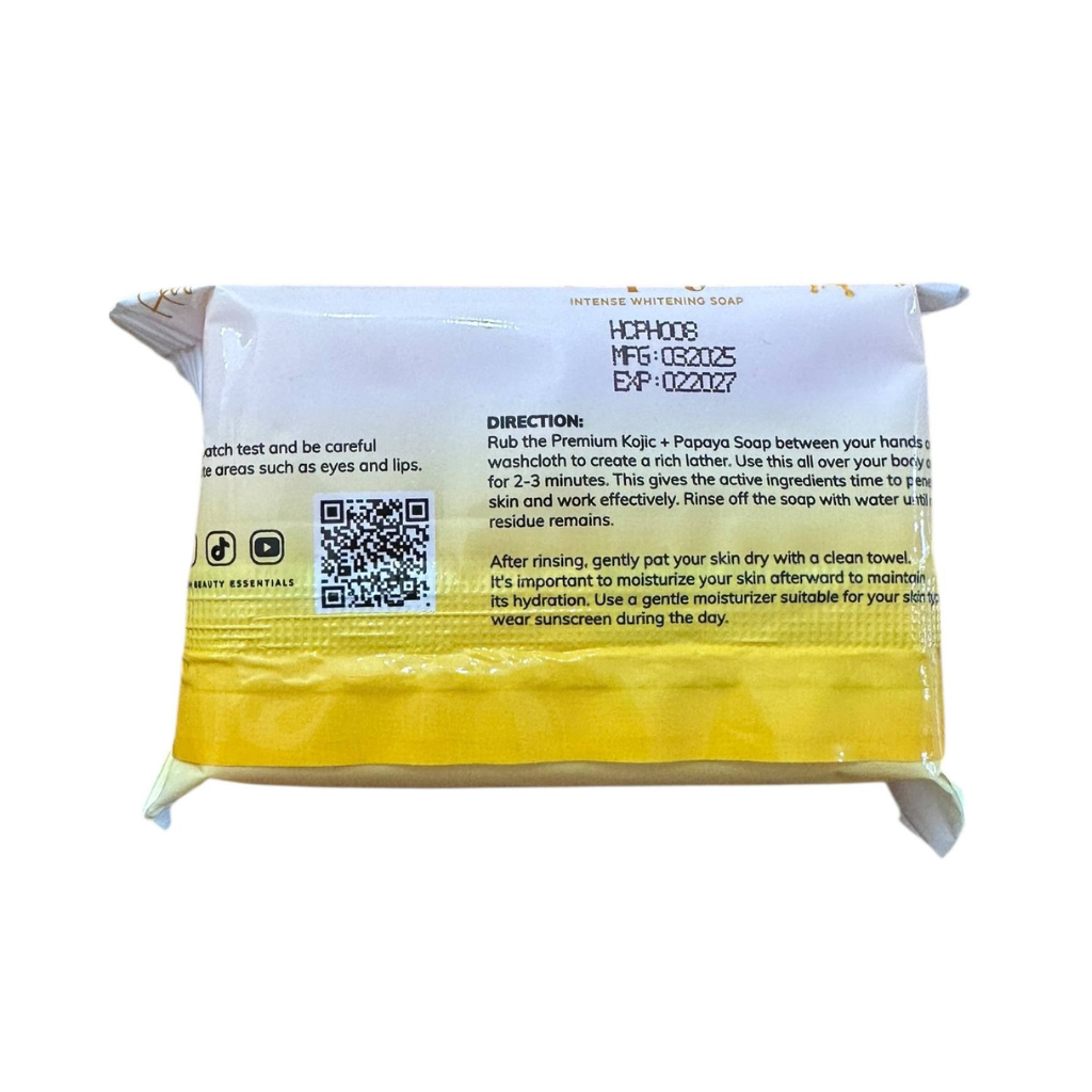 Her Choice PH intensive radiance bar soap and kojic papaya bar soap, 120g each, shown in a side view image.