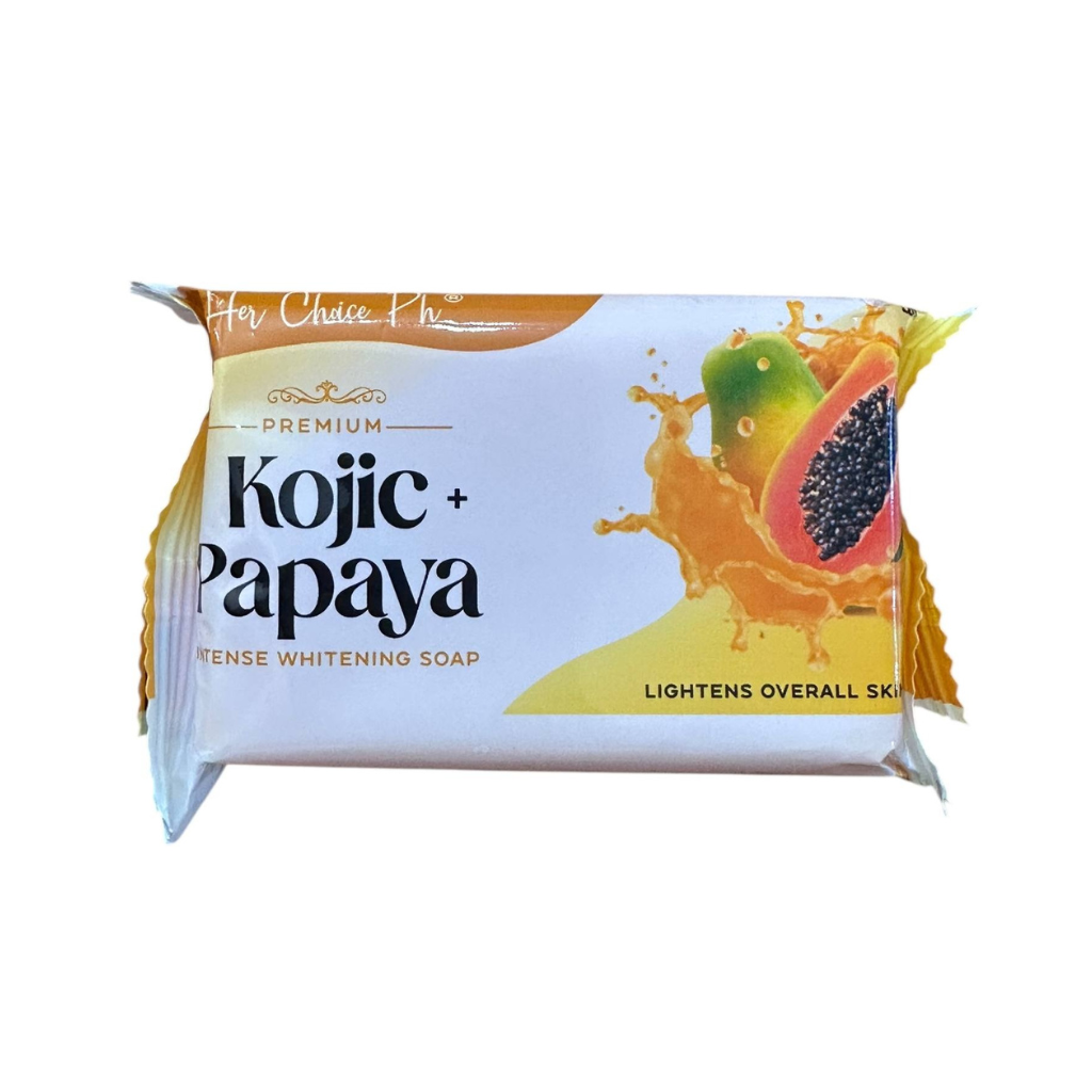 Her Choice PH intensive radiance and kojic papaya bar soaps, 120g, featuring natural ingredients and smooth, glowing skin.