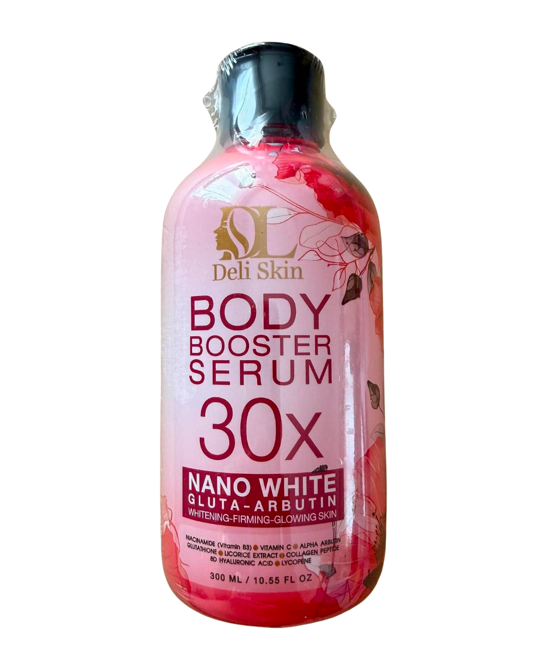 Deli Skin Nano White Gluta-Arbutin Body Booster Serum 300ml bottle with pump dispenser, showcasing a sleek white packaging design.