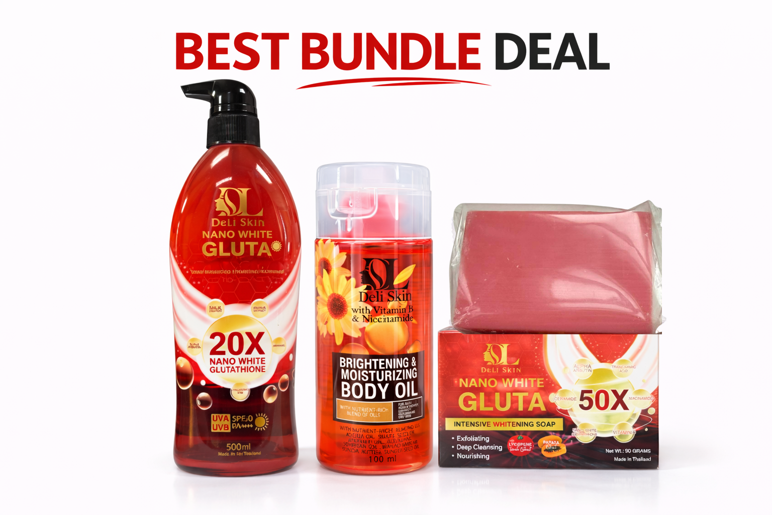 Deli Skin Complete Radiance Bundle with three nano Gluta skincare products for glowing, even-toned skin.
