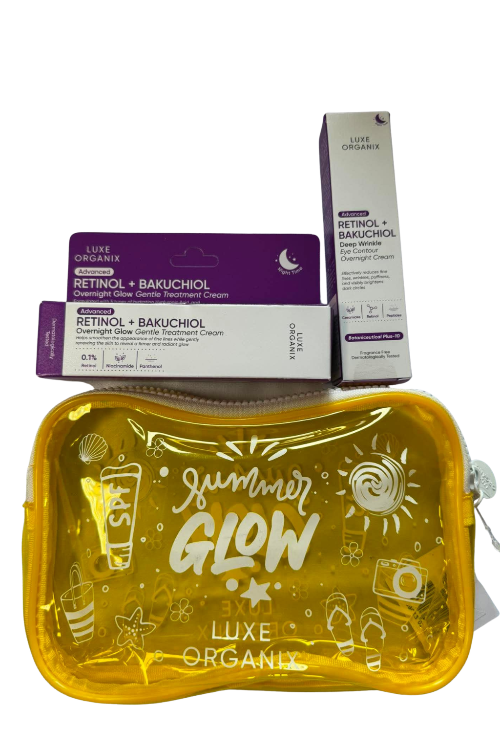 A set of skincare products from Luxe Organics, including a yellow translucent zippered pouch with 'Summer Glow' printed on it, alongside boxes of Retinol + Bakuchiol treatment cream.