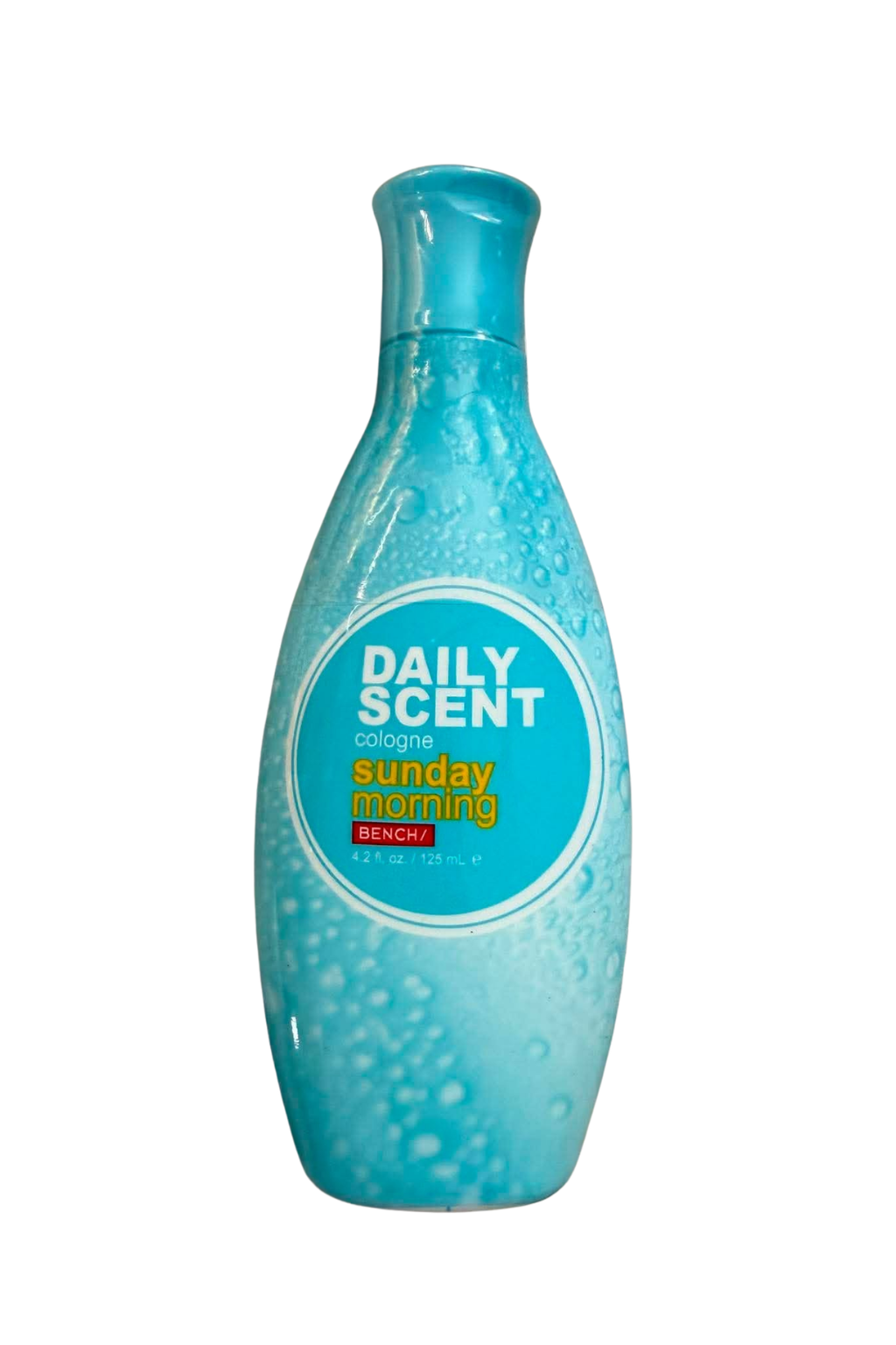 A bottle of Daily Scent Cologne by Sunday Morning in the Rench scent, featuring a bright turquoise blue bottle with a matching cap and a circular label.