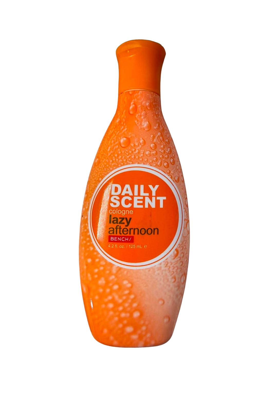 An orange plastic bottle of DAILY SCENT by Dr. Gently 'lazy afternoon' body wash with a white and orange label, featuring a water droplet pattern and a flip-top cap, isolated on a white background.