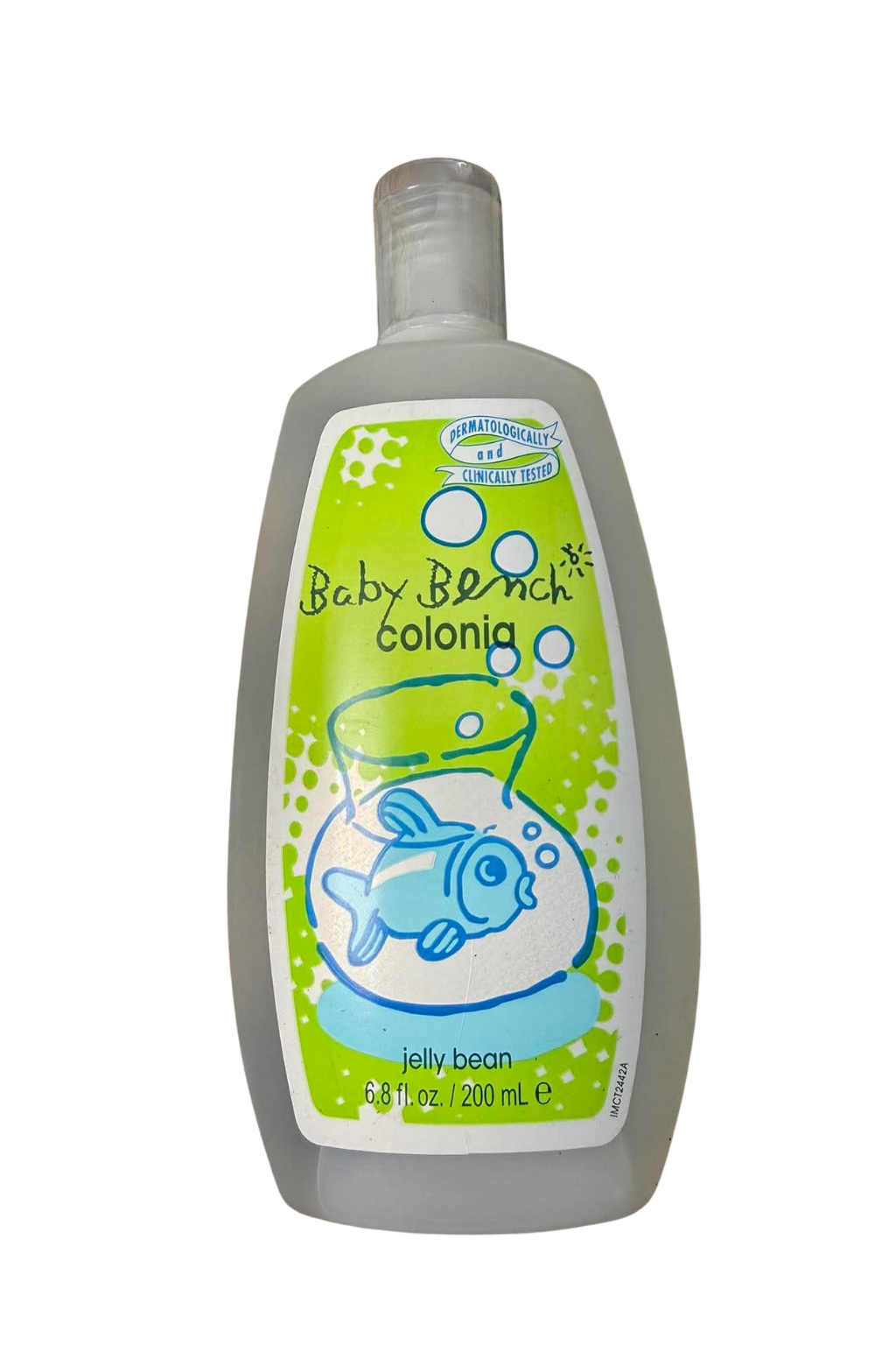 Baby Bench Colonics Jelly Bean enema bottle, 200 mL, featuring a translucent gray bottle with a green and white label depicting a blue jelly bean in a bowl.
