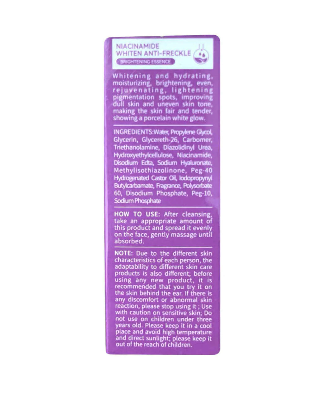 Purple skincare product label with text on a white background