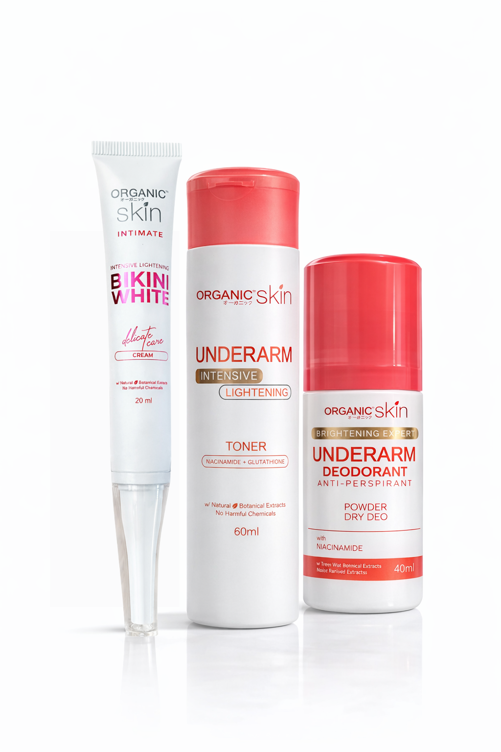 Organic Skin Advanced Radiance Deodorant for underarms and sensitive areas in a sleek container, suitable for sensitive skin.