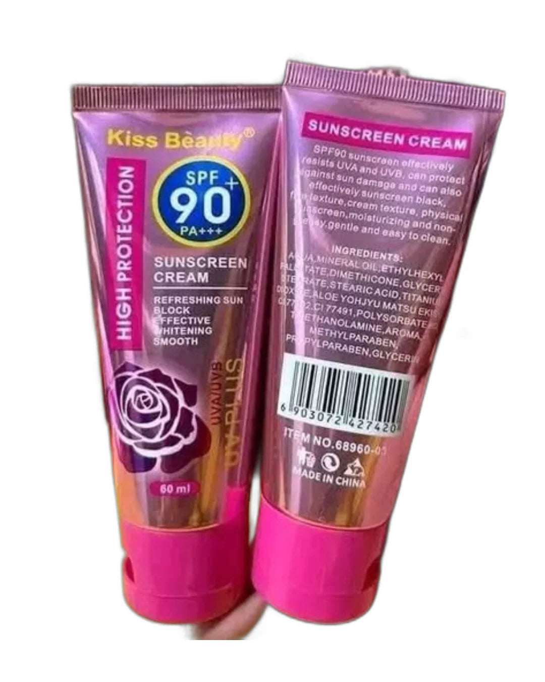 Kiss Beauty SPF90 facial sunscreen cream in 60ml jar, providing high sun protection and sun care for healthy skin.