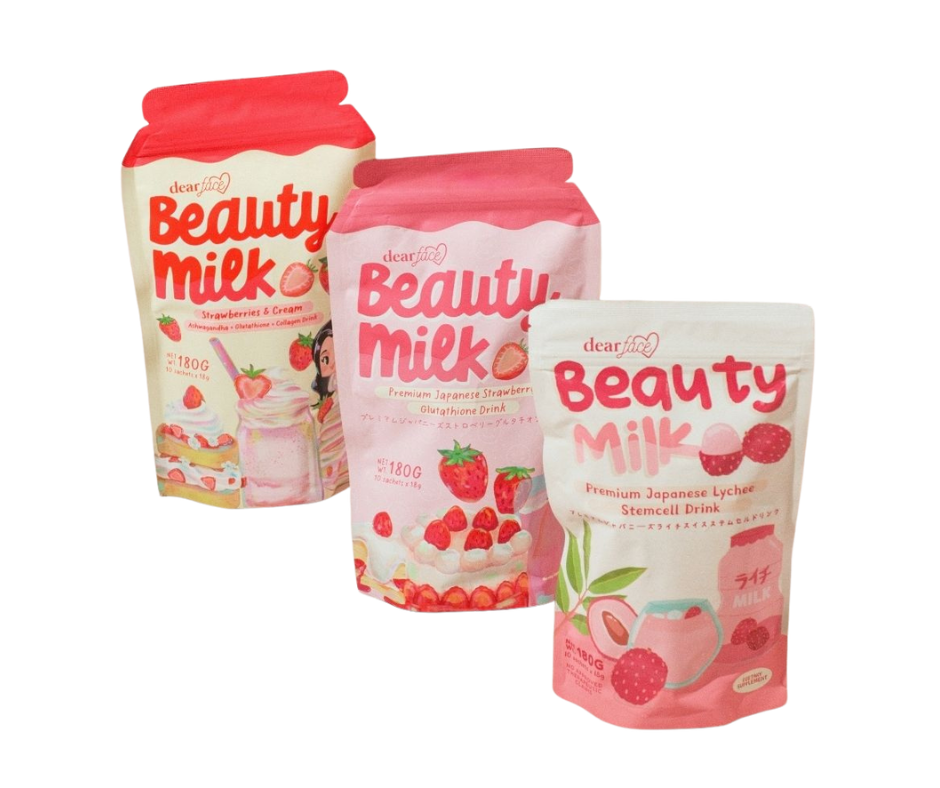Three packages of 'Beauty Milk' drink mix on a white background