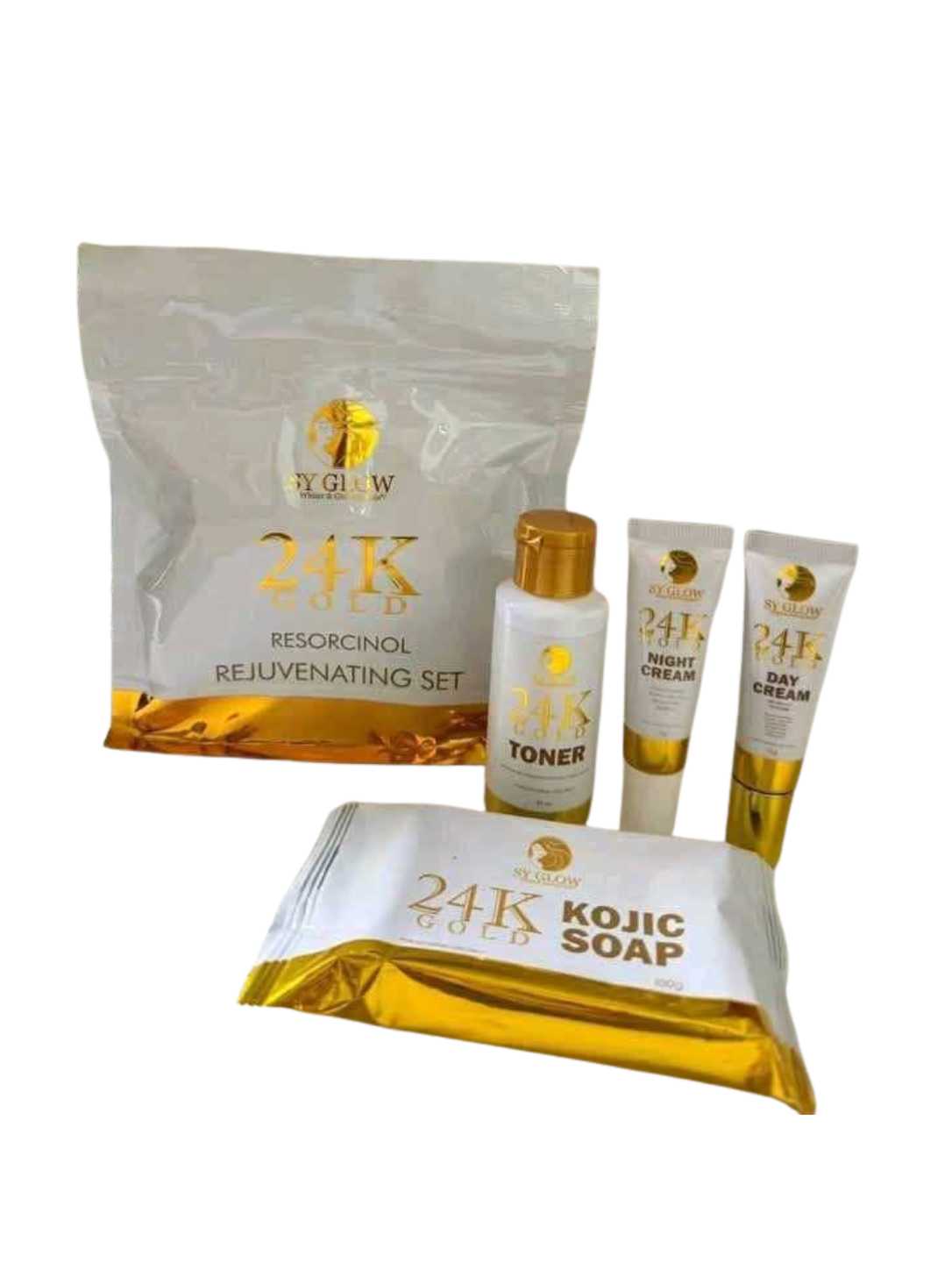 A skincare set from SKYGLOW featuring a resealable pouch of Rescorcinol Rejuvenating Set, a bottle of Toner, a tube of Night Cream, a tube of Day Cream, and a packet of Kojic Soap, all in white and gold packaging.