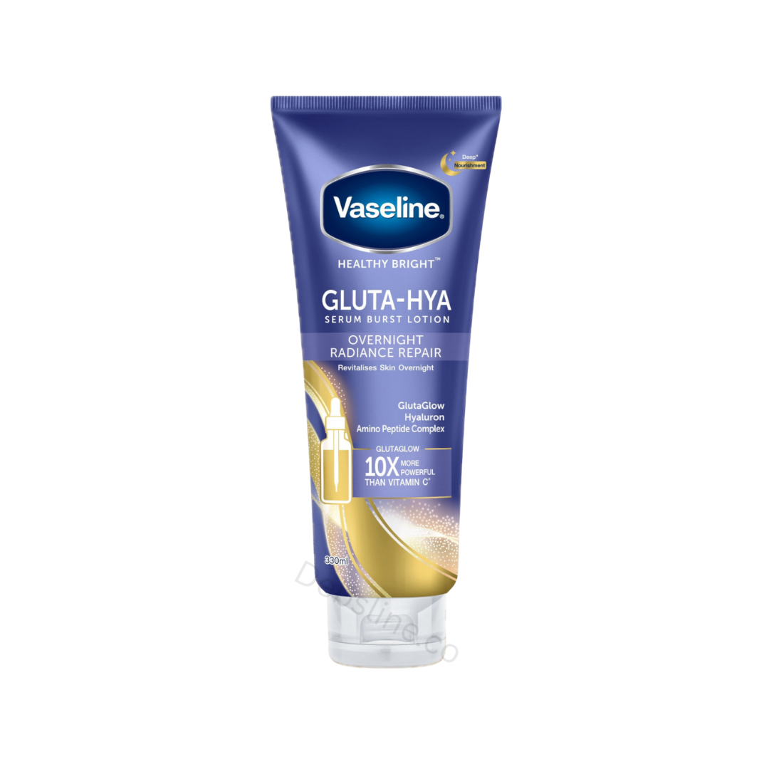 brightening lotion Vaseline Healthy Bright Gluta-Hya Serum burst lotion blue overnight radiance repair tube on a white background