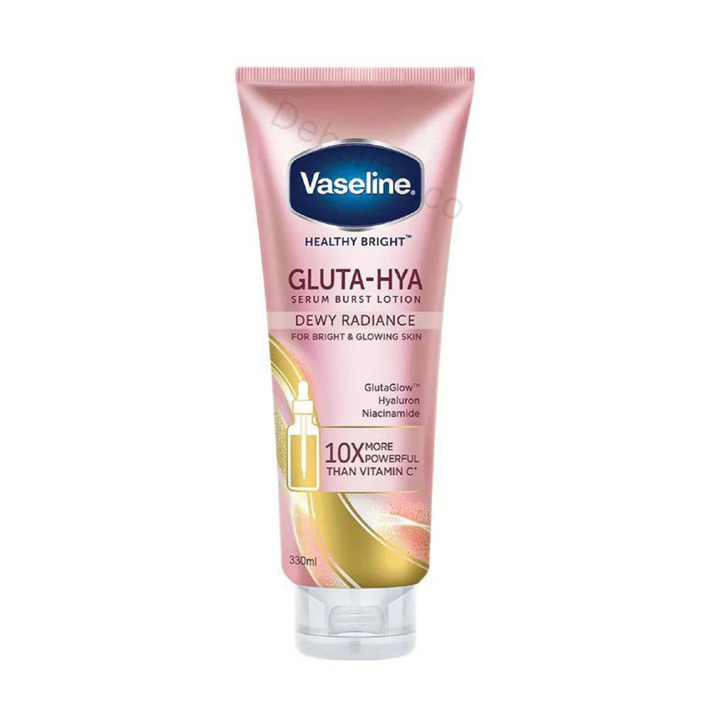 Vaseline healthy bright Gluta-Hya serum burst lotion tube pink niacinamide on a white background