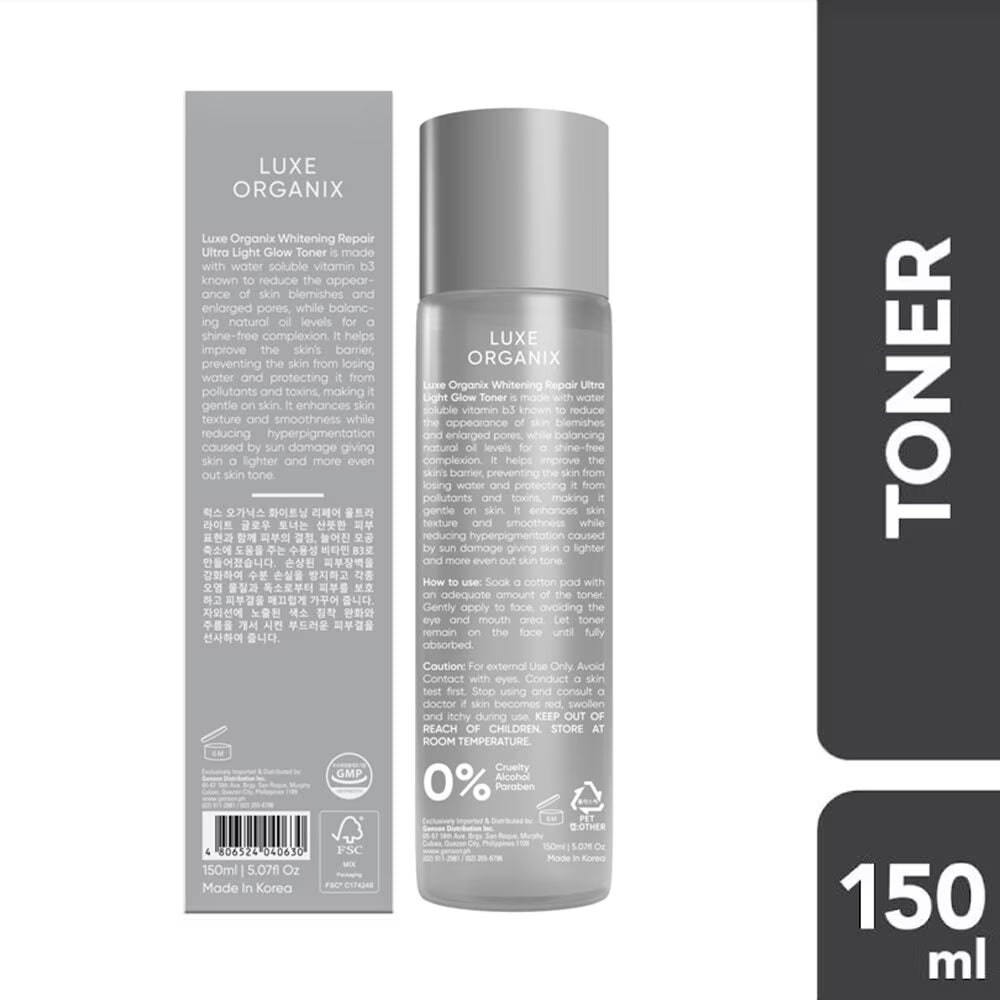 Luxe Organix toner bottle and packaging on a white background