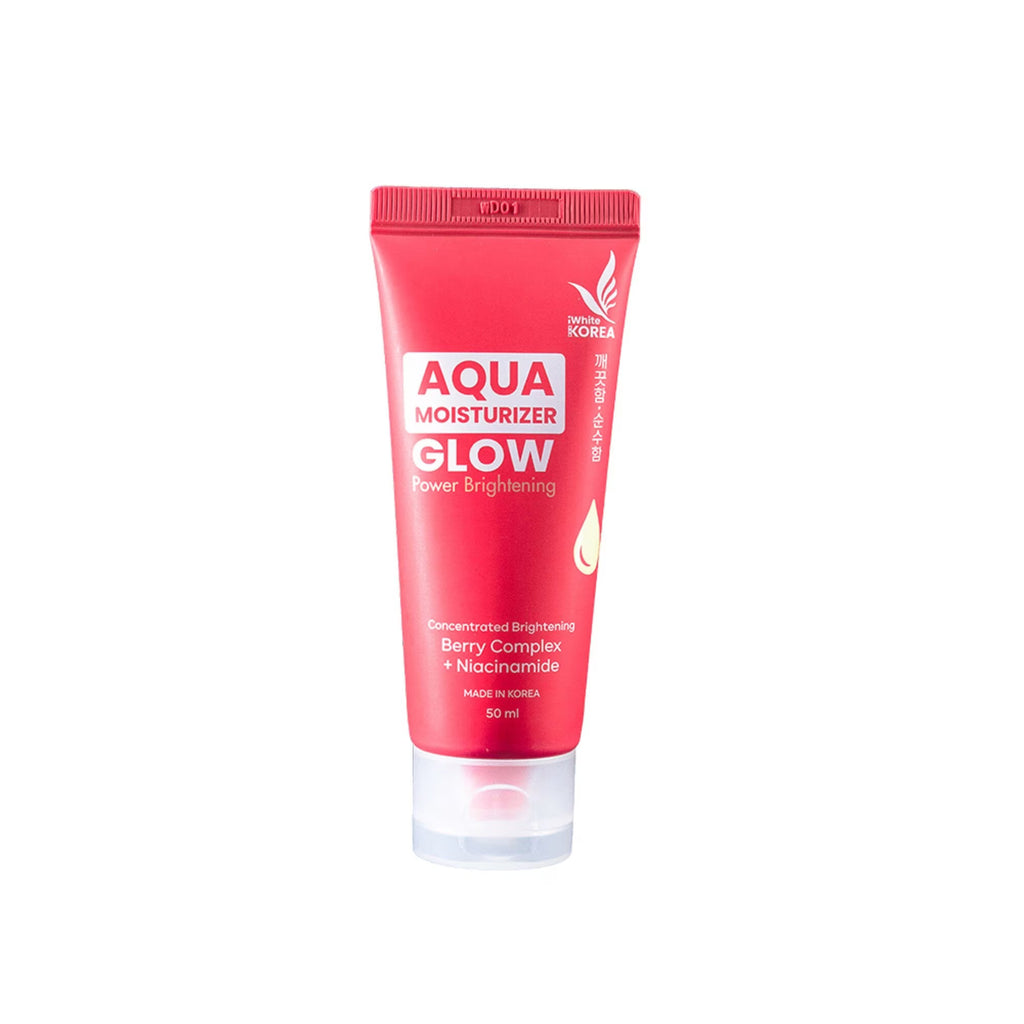iWhite Korea Aqua Moisturizer Glow 50ml, lightweight hydrating moisturizer in a clear jar with a white lid and blue accents.