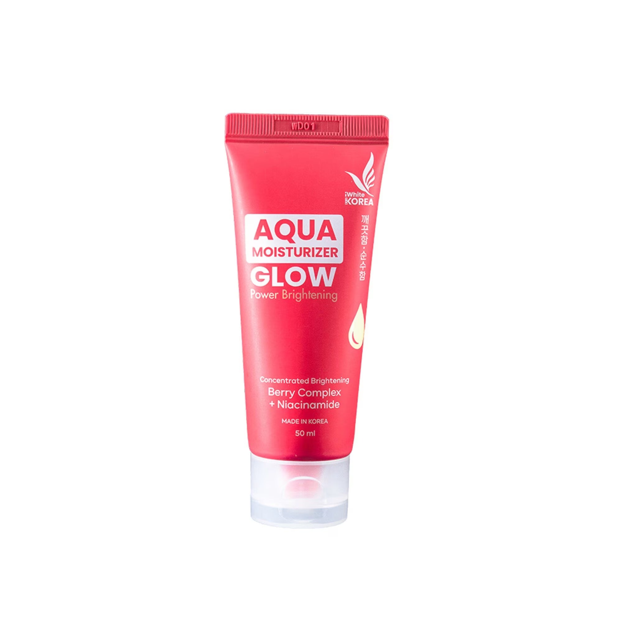 iWhite Korea Aqua Moisturizer Glow 50ml, lightweight hydrating moisturizer in a clear jar with a white lid and blue accents.