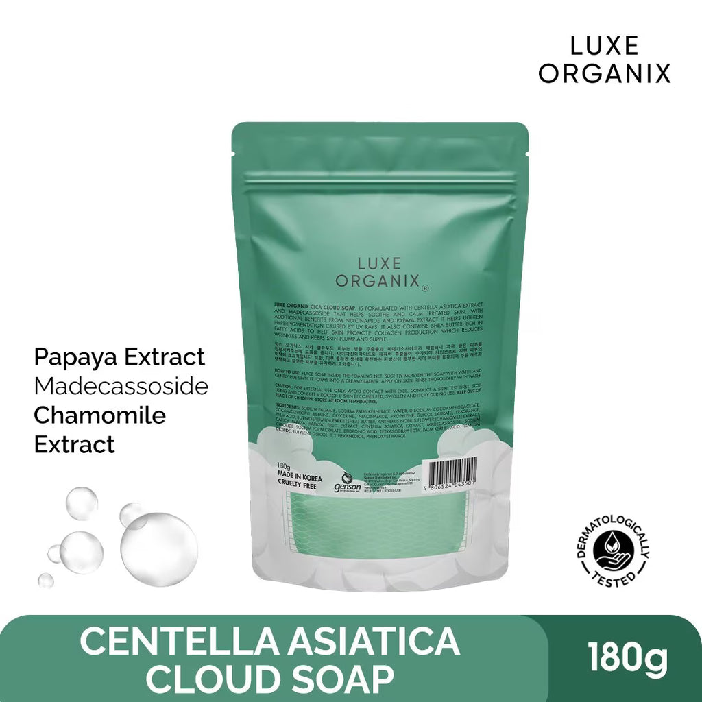 Luxe Organix Centella Asiatica Cloud Soap packaging with ingredients listed on a white background