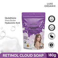 Purple package of Luxe Organix Retinol Cloud Soap with product details and branding icons on a white background.