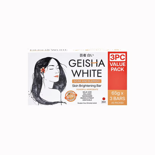 Geisha White Radiance Bar Soap 65g x 2, featuring a sleek white design and even tone treatment for radiant skin.