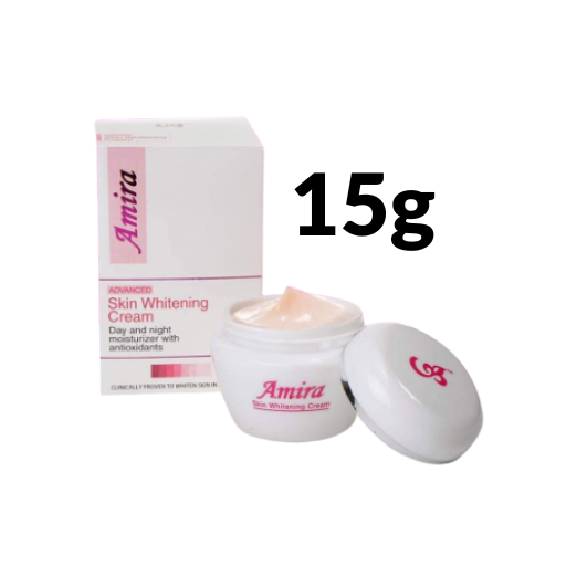 Amira Advanced Skin Whitening Cream in a white jar with its lid beside it and the product box behind, shown on a plain white background with a large '15g' text overlay.