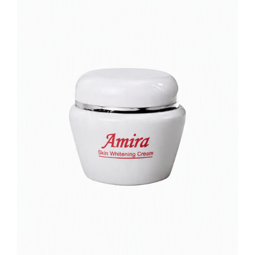 A white cosmetic jar of Amira Skin Whitening Cream with a glossy finish, featuring red text on the front and a shiny silver metallic band around the neck, set against a plain white background.