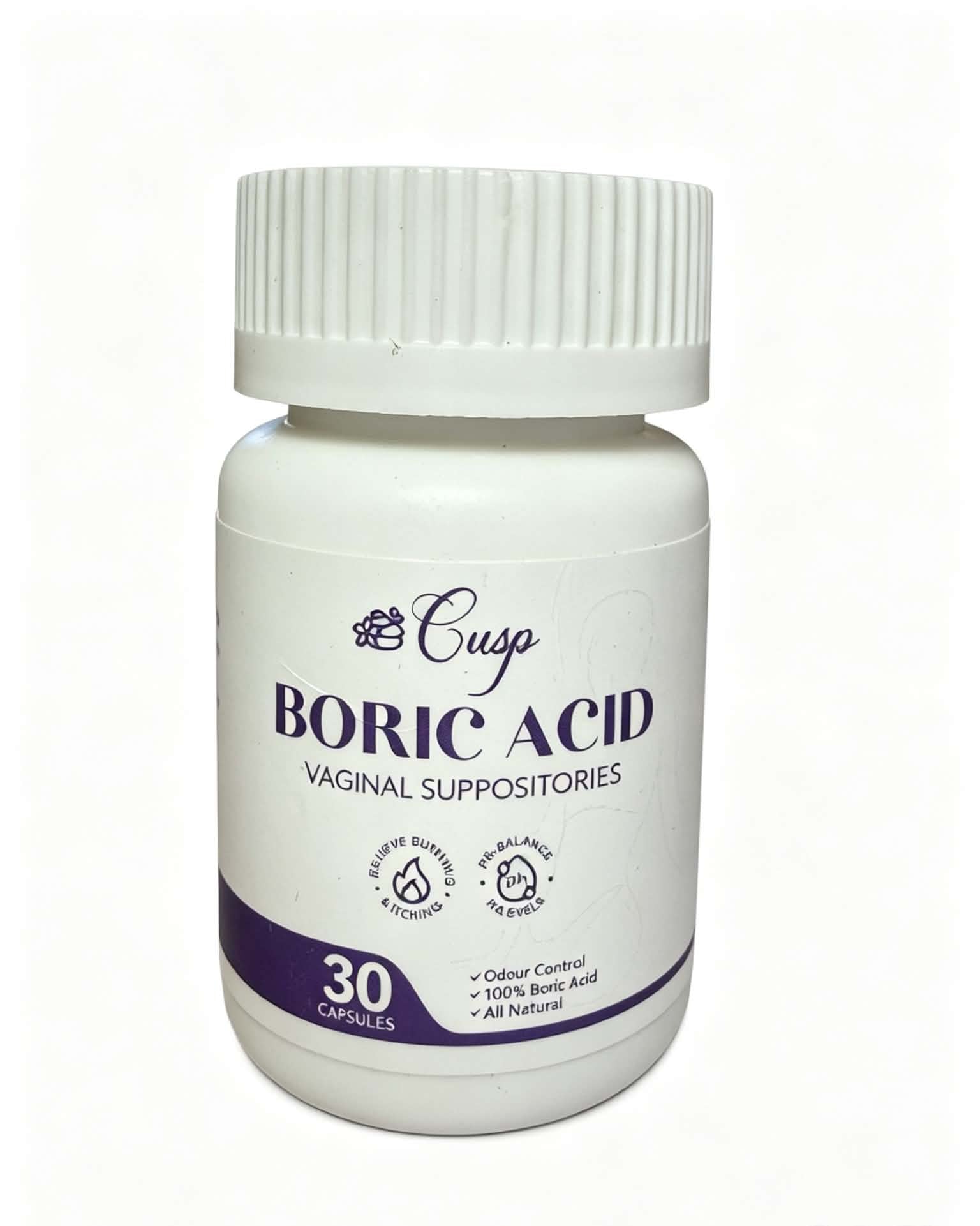 A white plastic bottle of Cusco Boric Acid Vaginal Suppositories with a white ribbed cap, featuring a white label with purple text and a purple band at the bottom indicating 30 capsules.