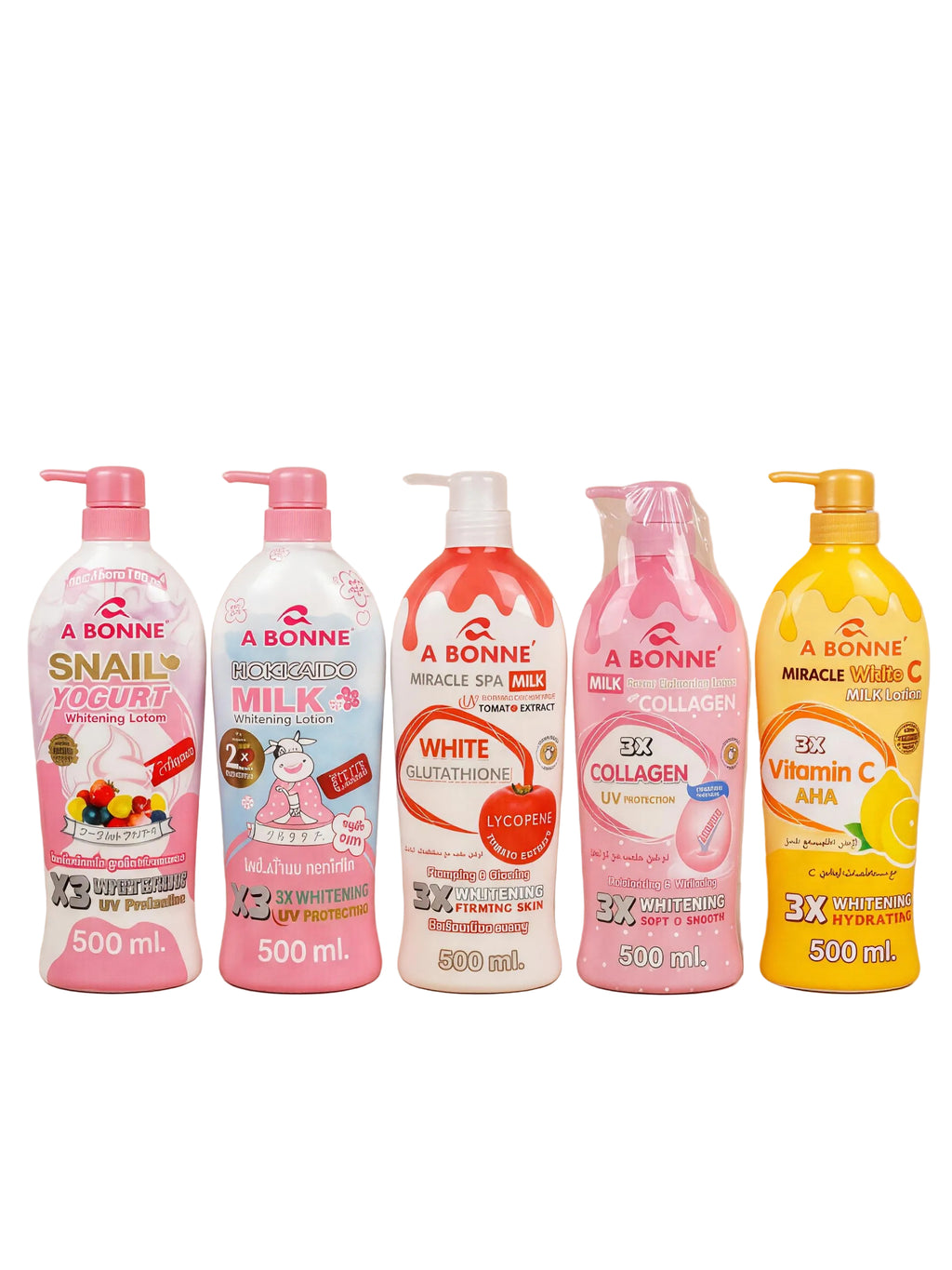 A Bonne Milk Body Lotion 500ml bottle, featuring five variants, with smooth, creamy lotion visible in a clear container.