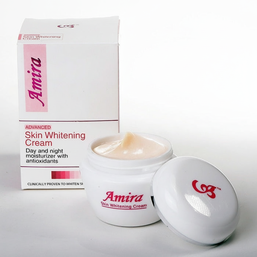 Amira Skin Radiance Cream 15g with a smooth, light-colored cream texture for day and night glow, against a clean background.