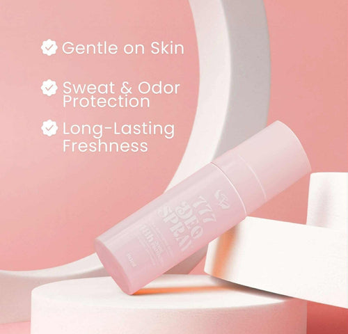 Whitening underarm for chicken skin  Pink deodorant stick on a white stand with product features listed on a pink background