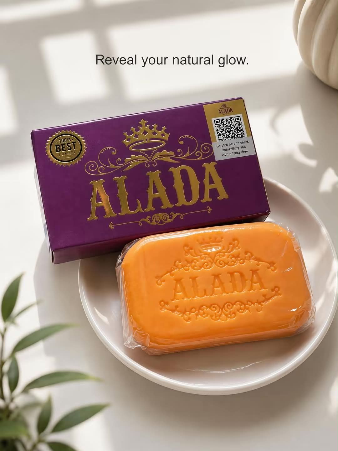 Alada 100% Natural Radiance Soap bar, 160g, showcasing a smooth, white soap with natural ingredients and radiant skincare benefits.