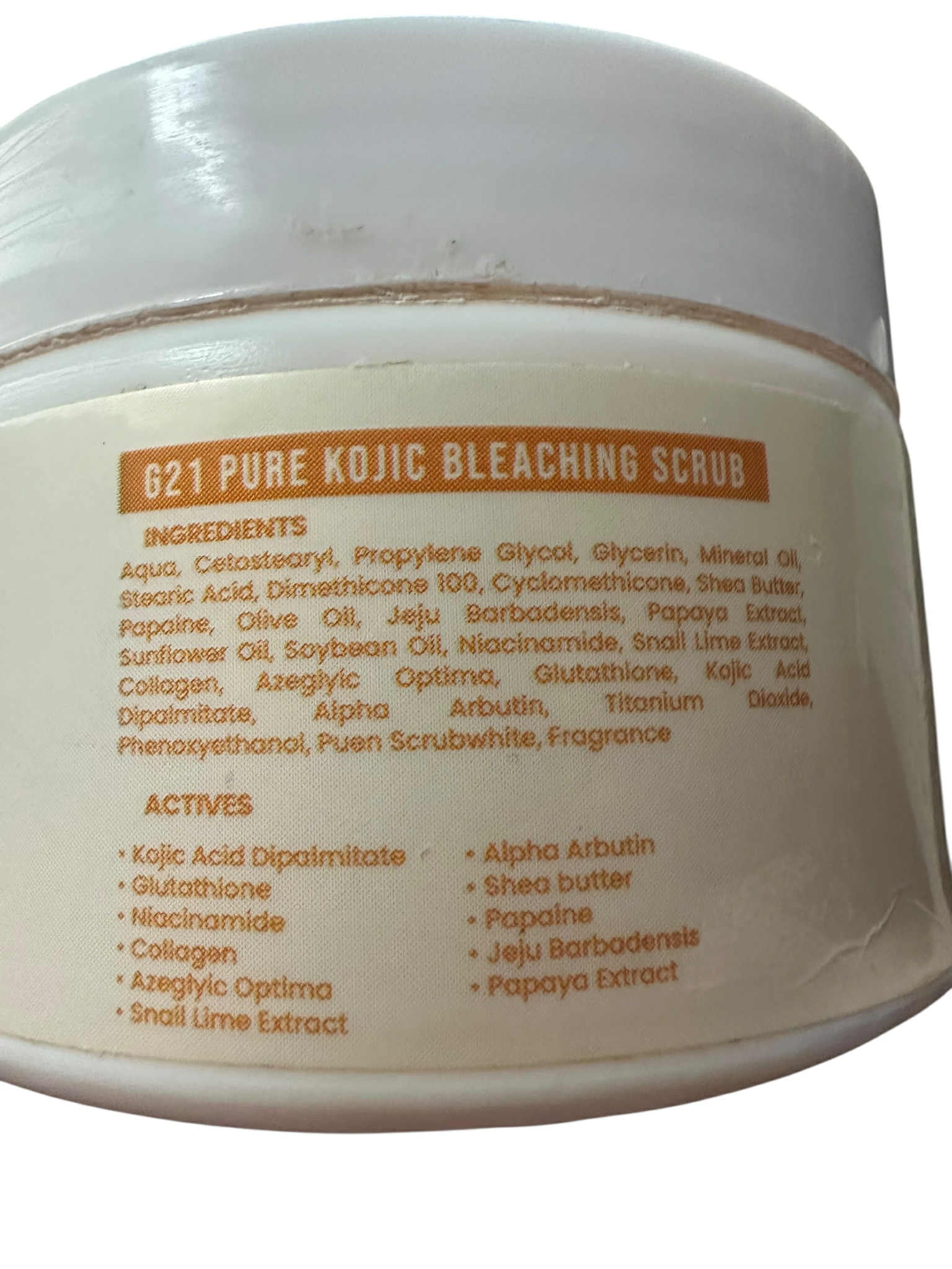 G21 Pure Kojic Bleaching Scrub jar with ingredient list on a white background