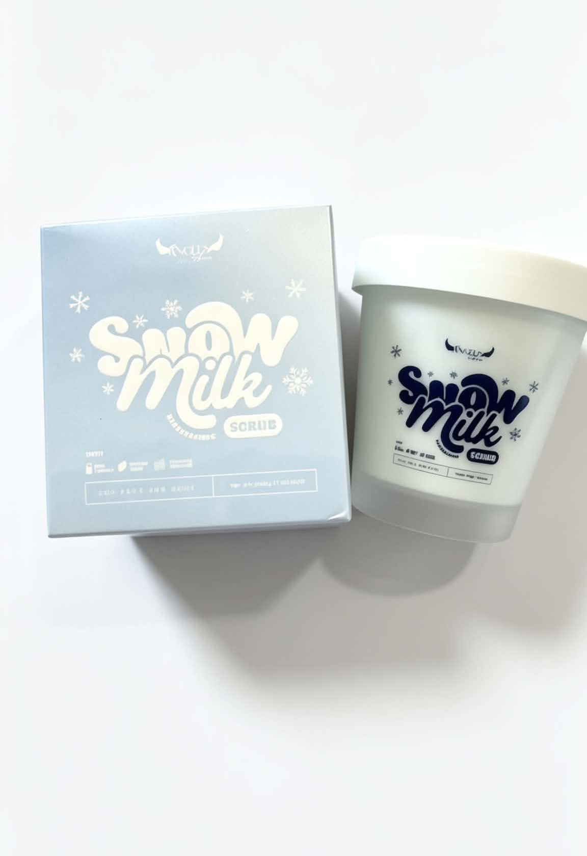 A frosted glass jar candle labeled 'Snow Milk' next to its light blue packaging box, set against a plain white background.