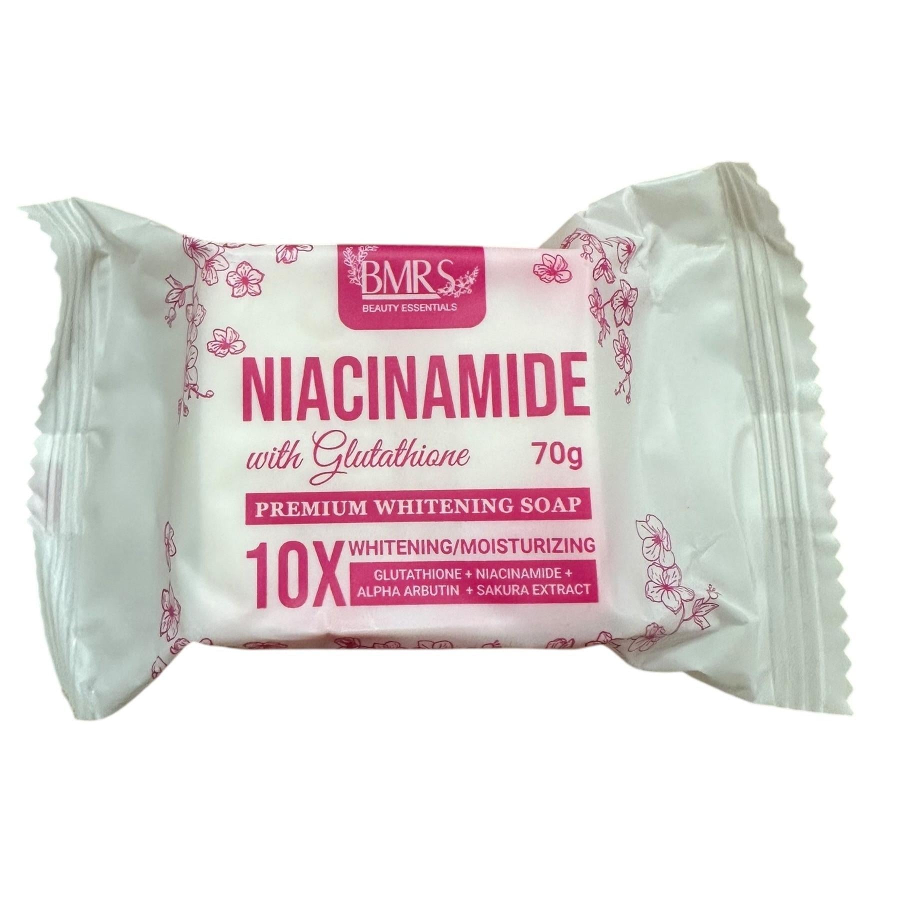 BMRS Niacinamide Radiance Soap 70g bar soap with vitamin B3, featuring a sleek white soap bar for brightening skin.