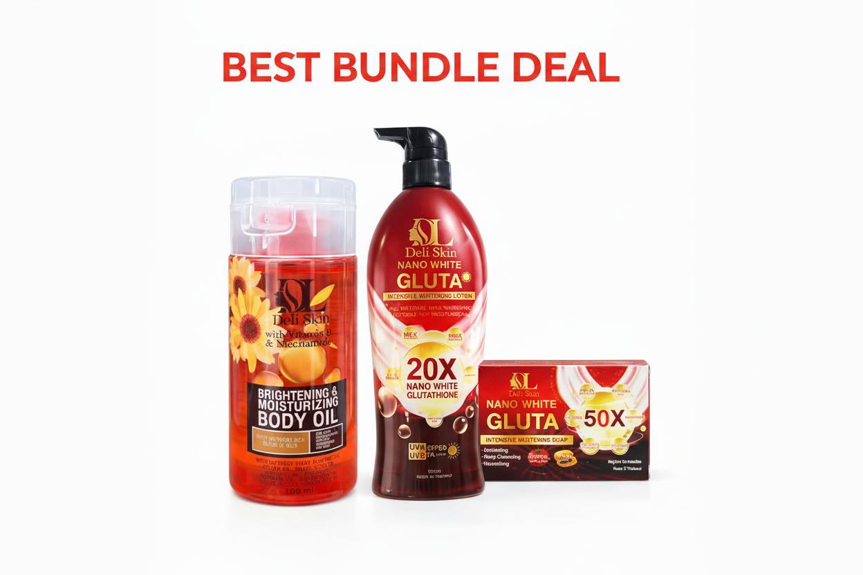 Deli Skin Complete Radiance Bundle includes three nano Gluta brightening skincare products in a set.
